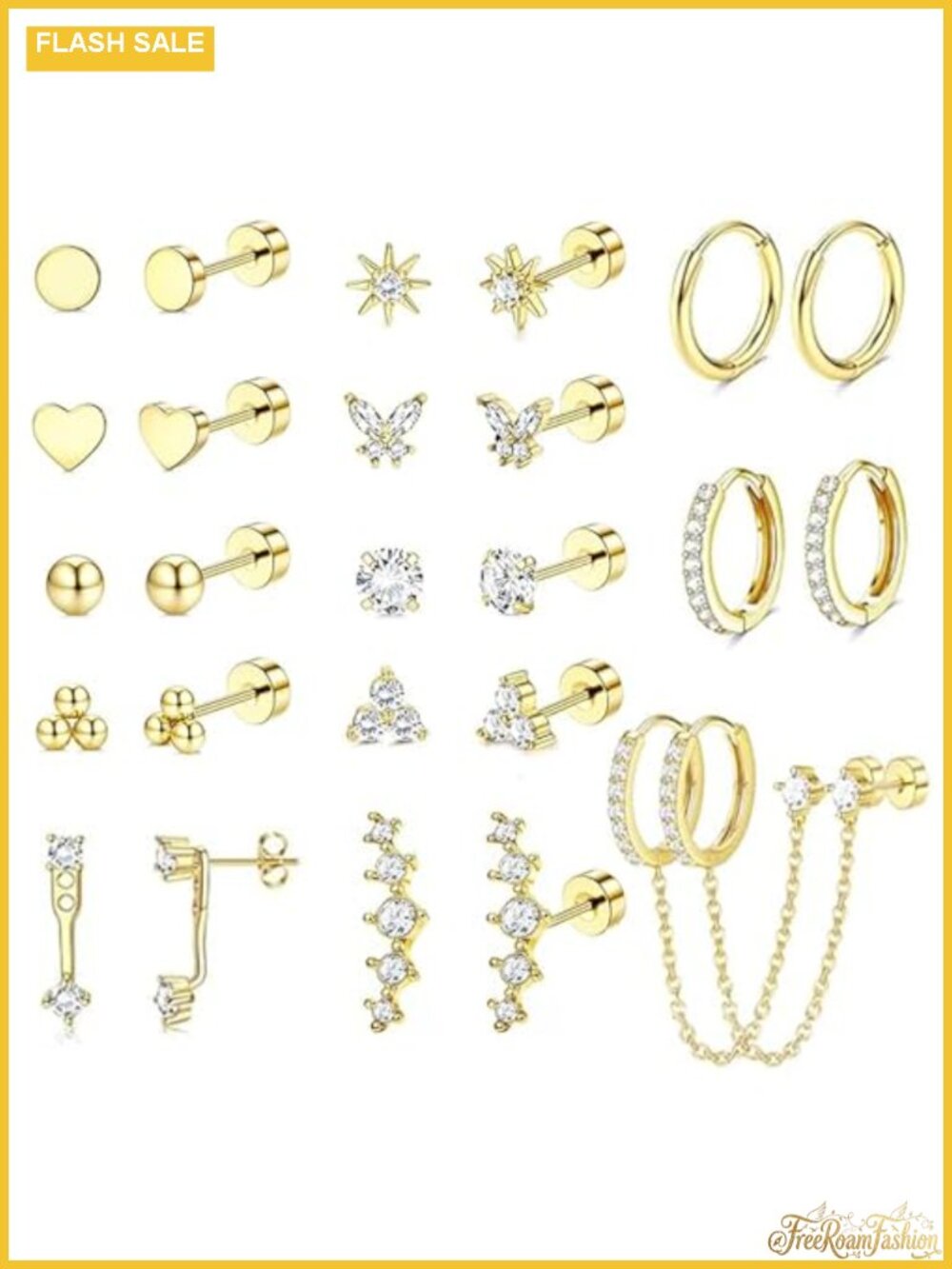 Gold Flat Back Earrings for Women Surgical Stainless Steel 14 Pair Set Studs